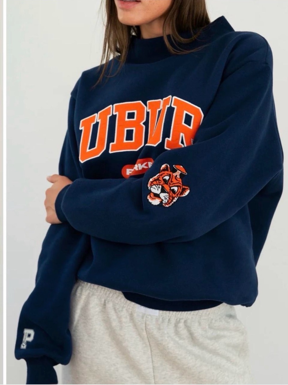 PARKE 47 Navy Crewneck
Sweatshirt with Orange Auburn Applique and Aubie Patch